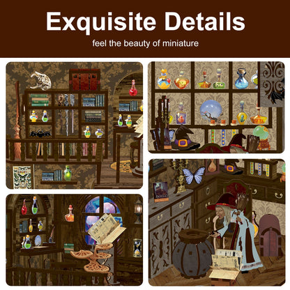 Detailed view of miniature shelves with potions, books, and an enchanted workspace in a cozy setting.