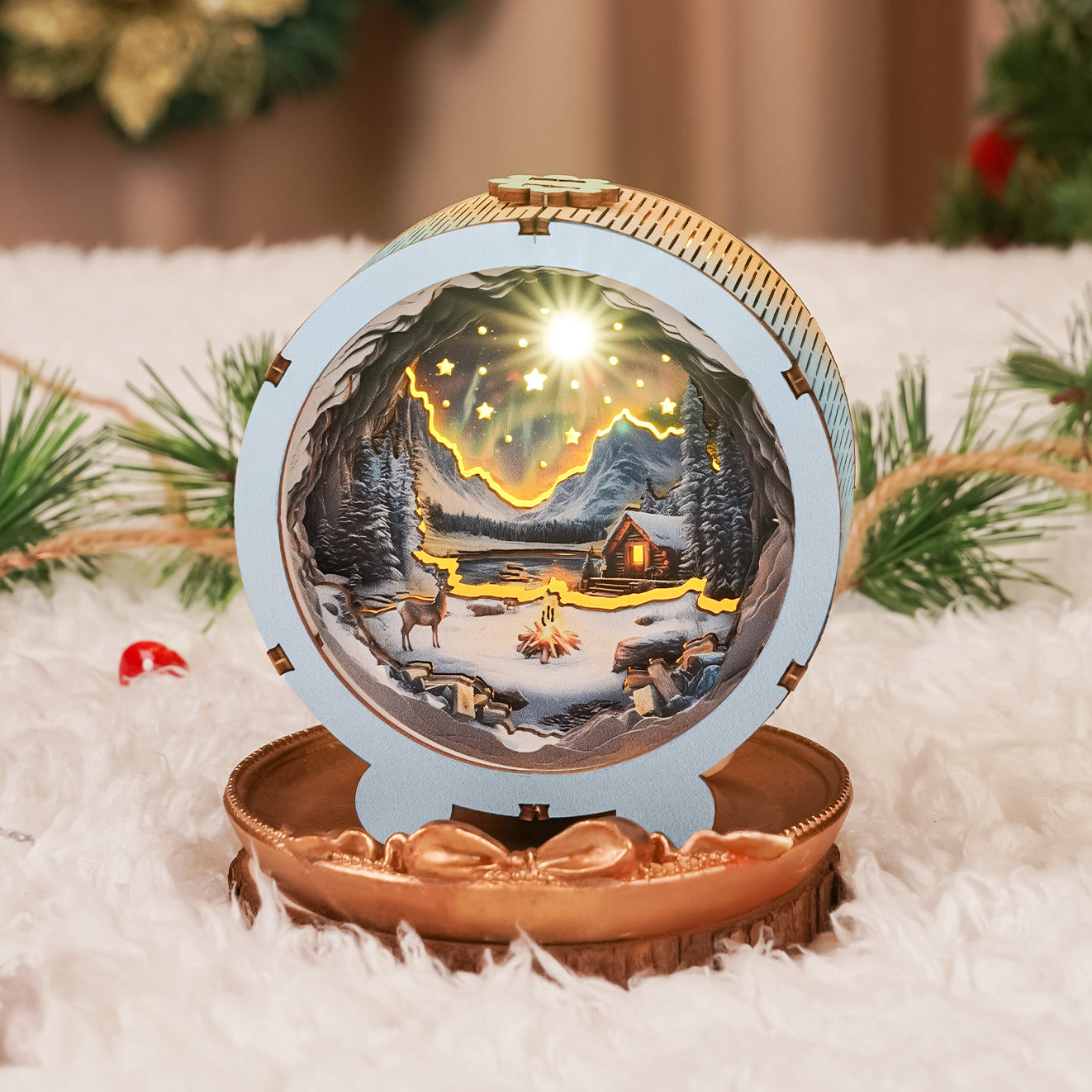 3D wooden puzzle night light featuring a cozy winter scene with stars above a cabin and snow-covered landscape.
