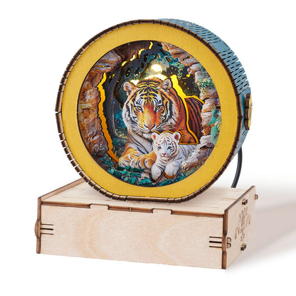 3D wooden puzzle night light featuring a tiger mother and cub, perfect for home decor and Mother's Day gifts.