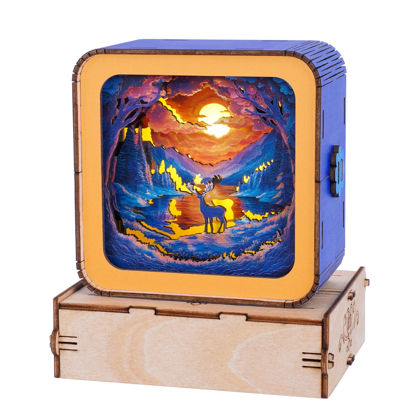 3D wooden puzzle night light featuring a colorful forest scene with a deer and sunset, creating a magical ambiance.