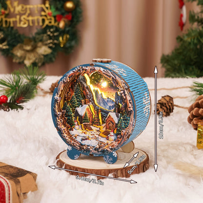 3D wooden puzzle night light featuring a Christmas village scene with illuminated details, perfect for holiday decor.