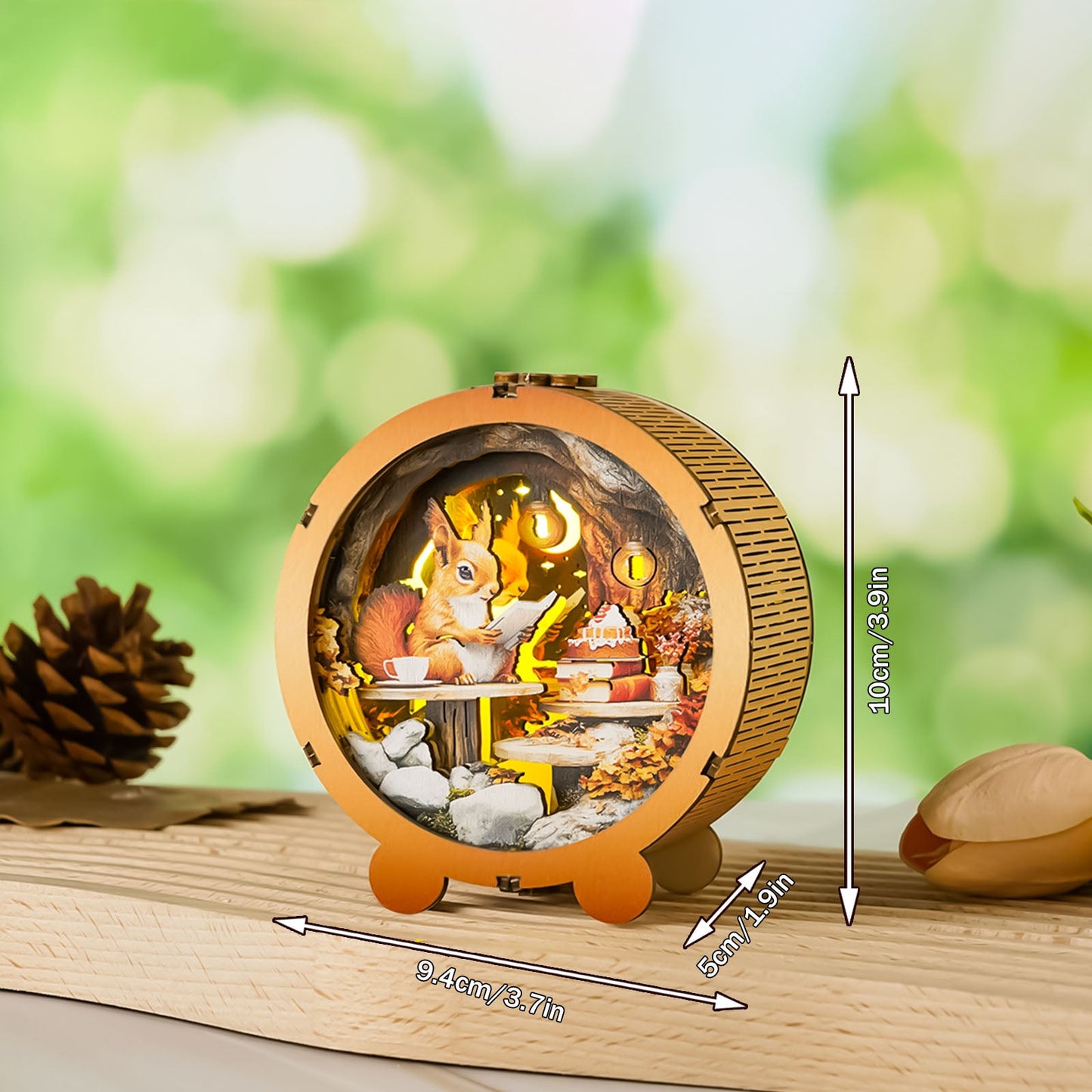 Squirrel's Reading Kit 3D wooden puzzle night light displayed on a wooden surface, featuring a cozy reading scene.