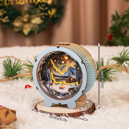 Aurora World Kit 3D wooden puzzle night light showing a cozy campsite scene with stars.