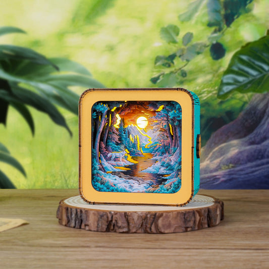 3D wooden puzzle night light depicting a forest scene with a sunset, perfect for nature lovers and puzzle enthusiasts.