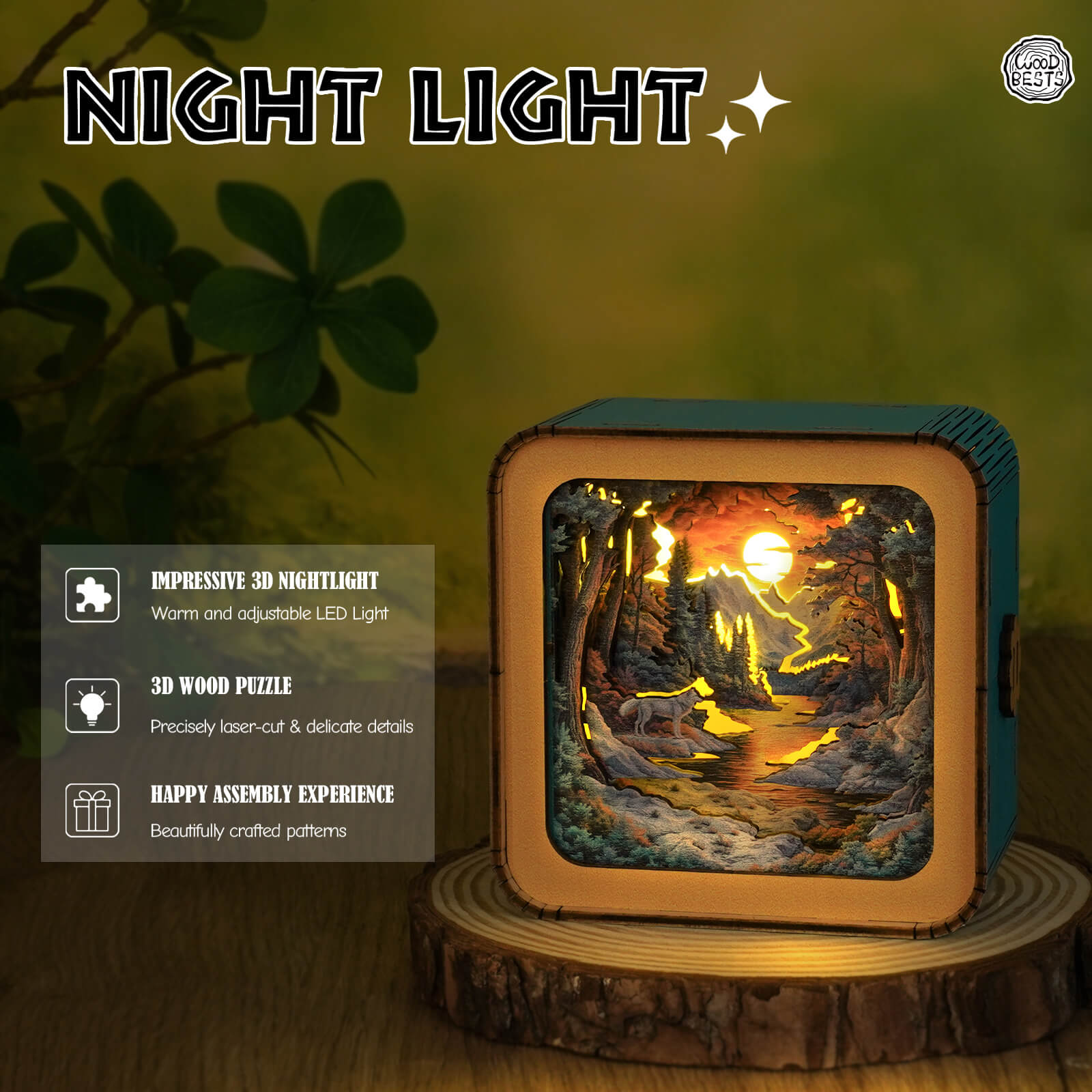 3D wooden puzzle night light featuring a forest scene with a wolf and warm LED light.