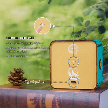 Adjustable LED light features of the Forest Fantasy Wolf 3D wooden puzzle night light with USB port.