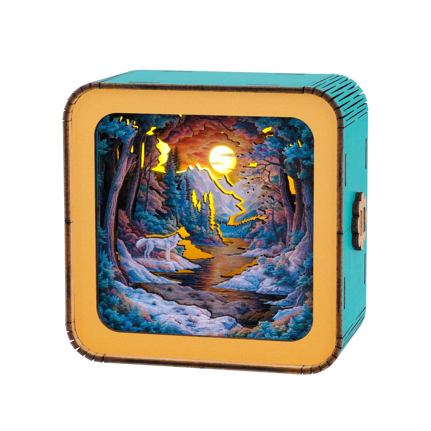 3D wooden puzzle night light featuring a serene forest scene with a wolf and glowing sun.