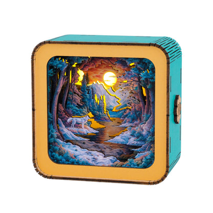 3D wooden puzzle night light featuring a serene forest scene with a wolf and glowing sun.