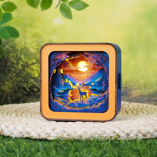 3D wooden puzzle night light featuring a colorful forest scene with a deer and sunset, showcasing nature's beauty.