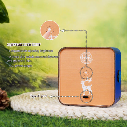 Adjustable LED night light with Type-C port and settings for brightness in a natural setting.