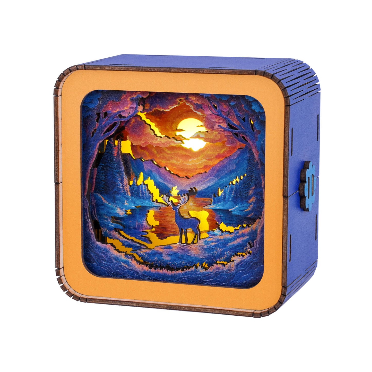 3D wooden puzzle night light featuring a serene forest scene with a deer and sunset, perfect for decor and gifts.