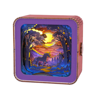 3D wooden unicorn night light featuring a colorful forest scene and sunset, perfect for decor and gifts.