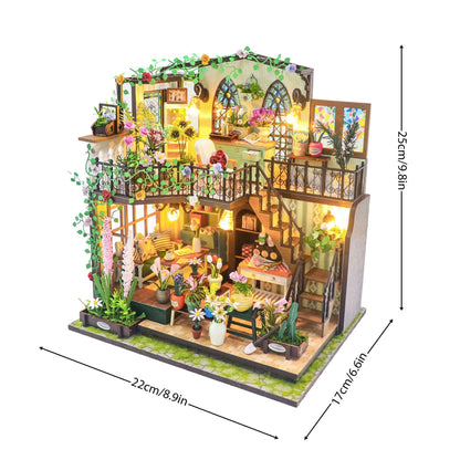 Daisy's Flower Room DIY dollhouse kit with intricate design, colorful flowers, and illuminated indoor scene, 3D wooden puzzle.