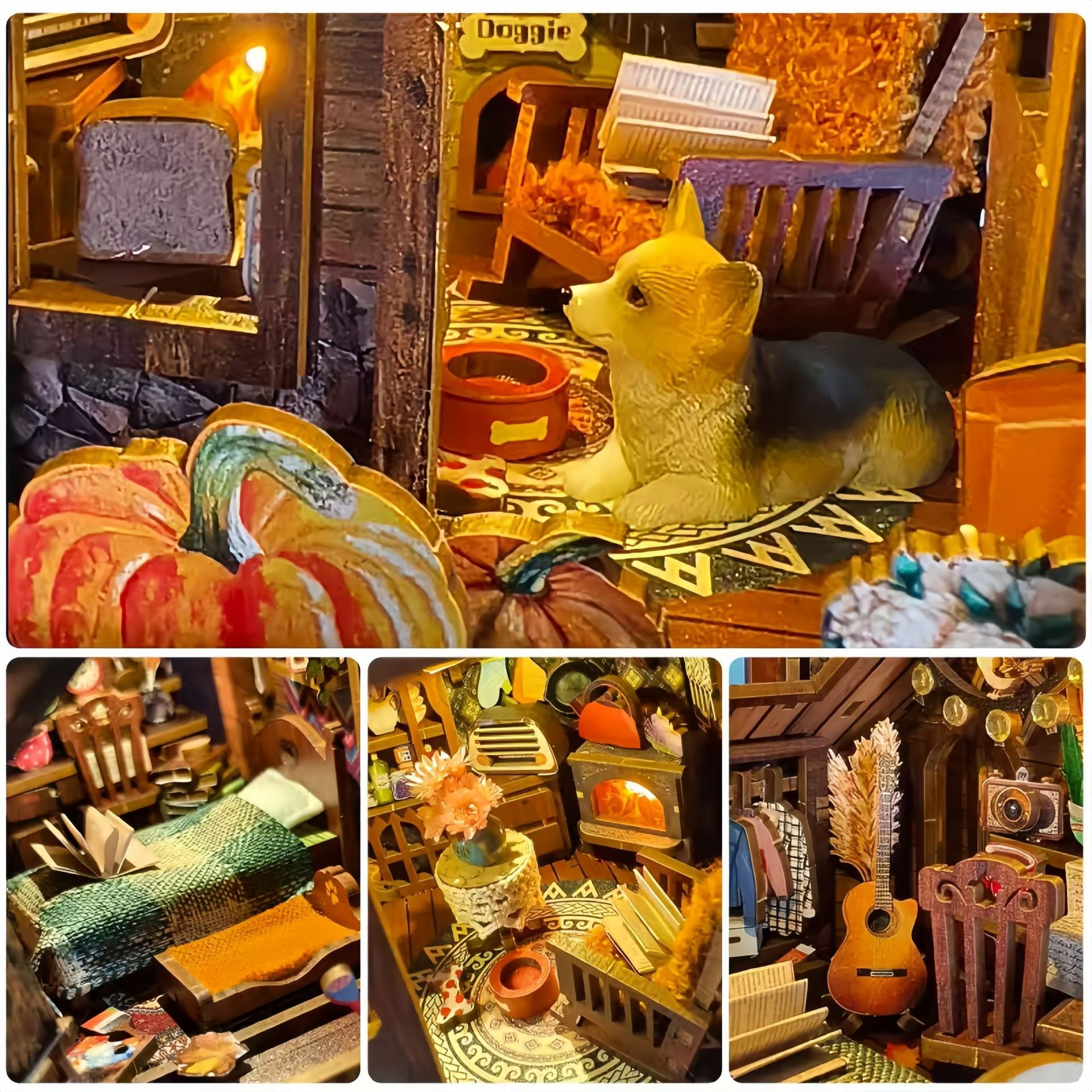 Cozy interior of Twilight Cottage DIY book nook kit featuring a dog, pumpkins, and colorful decor.