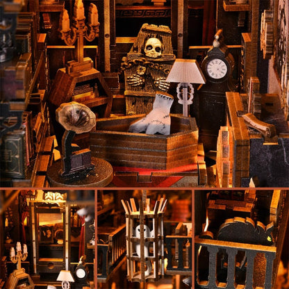 Detailed interior design of the Dark Family DIY Book Nook Kit featuring musical elements and ornate furniture.