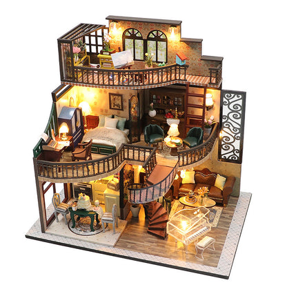 3D wooden puzzle DIY dollhouse kit with furnished interior and stairs, suitable for ages 14+, fun miniatures for creativity.