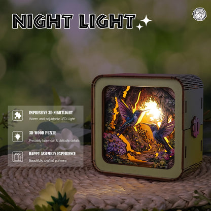 3D wooden puzzle night light featuring hummingbirds and warm LED lighting, perfect for cozy atmospheres.