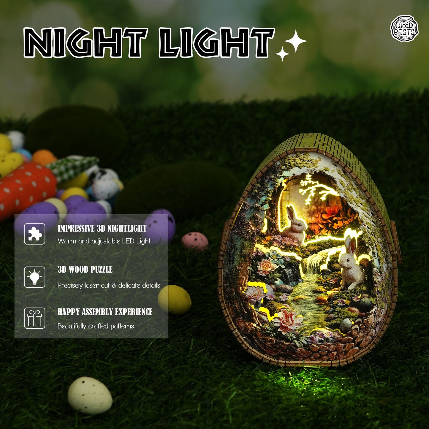 3D wooden puzzle night light featuring rabbits by a stream, showcasing intricate designs and warm adjustable LED light.
