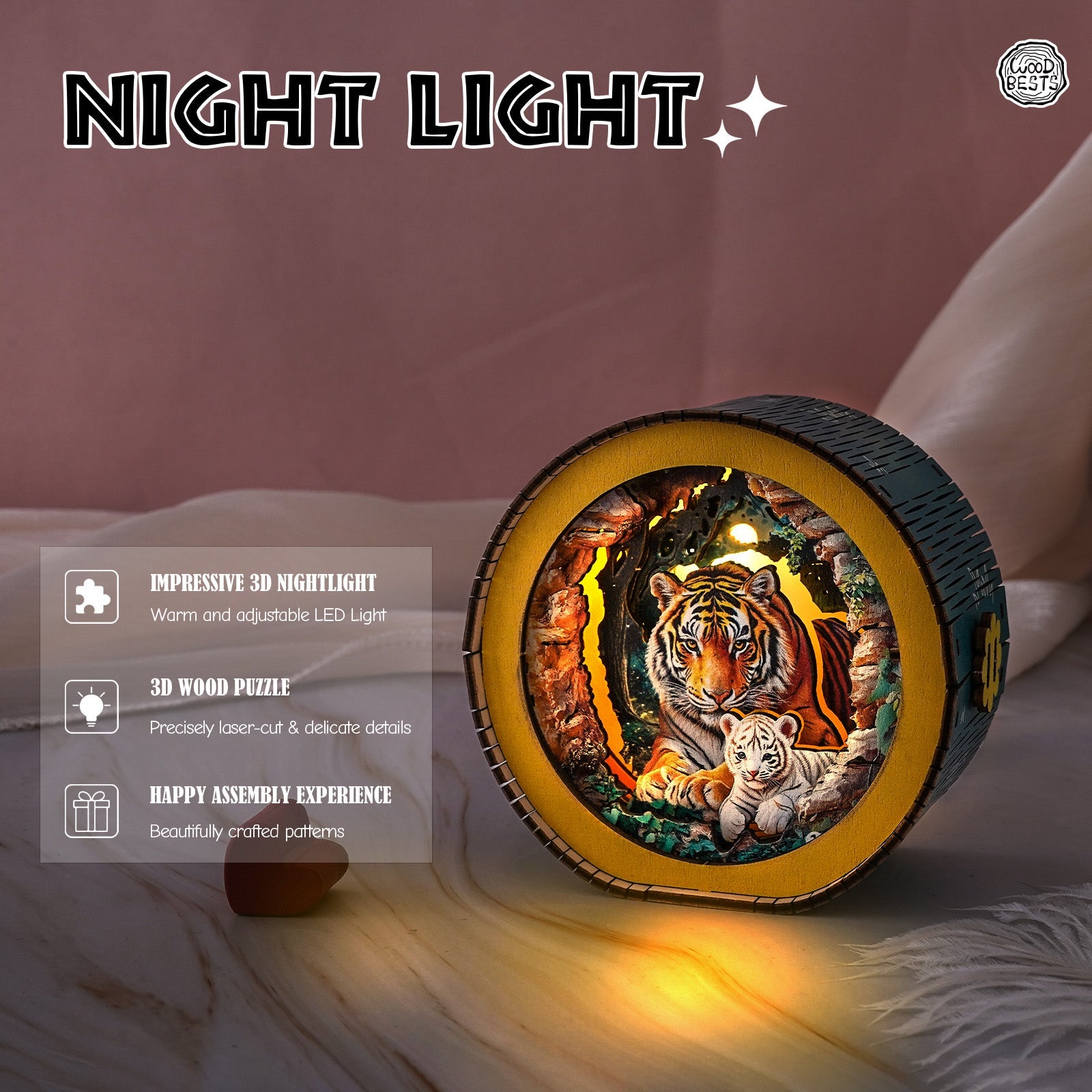 3D wooden puzzle night light featuring a tiger mother and cub in a jungle scene, with warm LED lighting.