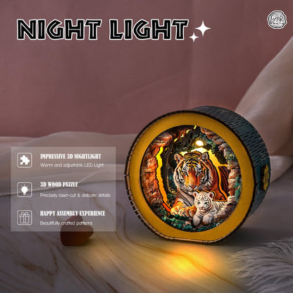 3D wooden puzzle night light featuring a tiger mother and cub in a jungle scene, with warm LED lighting.