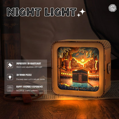 Holy MAKKAH Kit 3D Wooden Puzzle Night Light with warm LED light and beautifully crafted patterns.