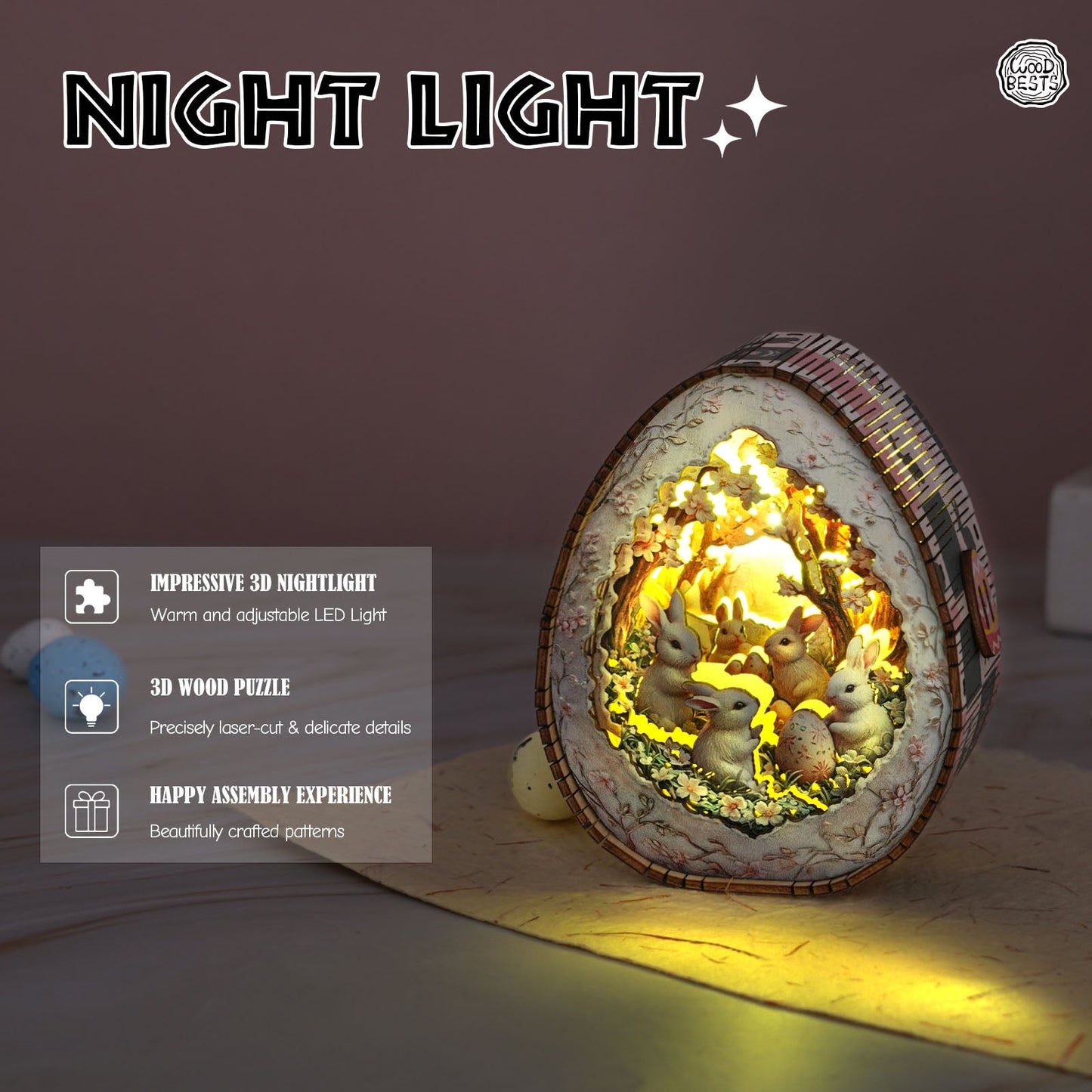 Easter Egg Night Light showing intricate 3D wooden design with LED glow, perfect for cozy home decor and puzzle enthusiasts.