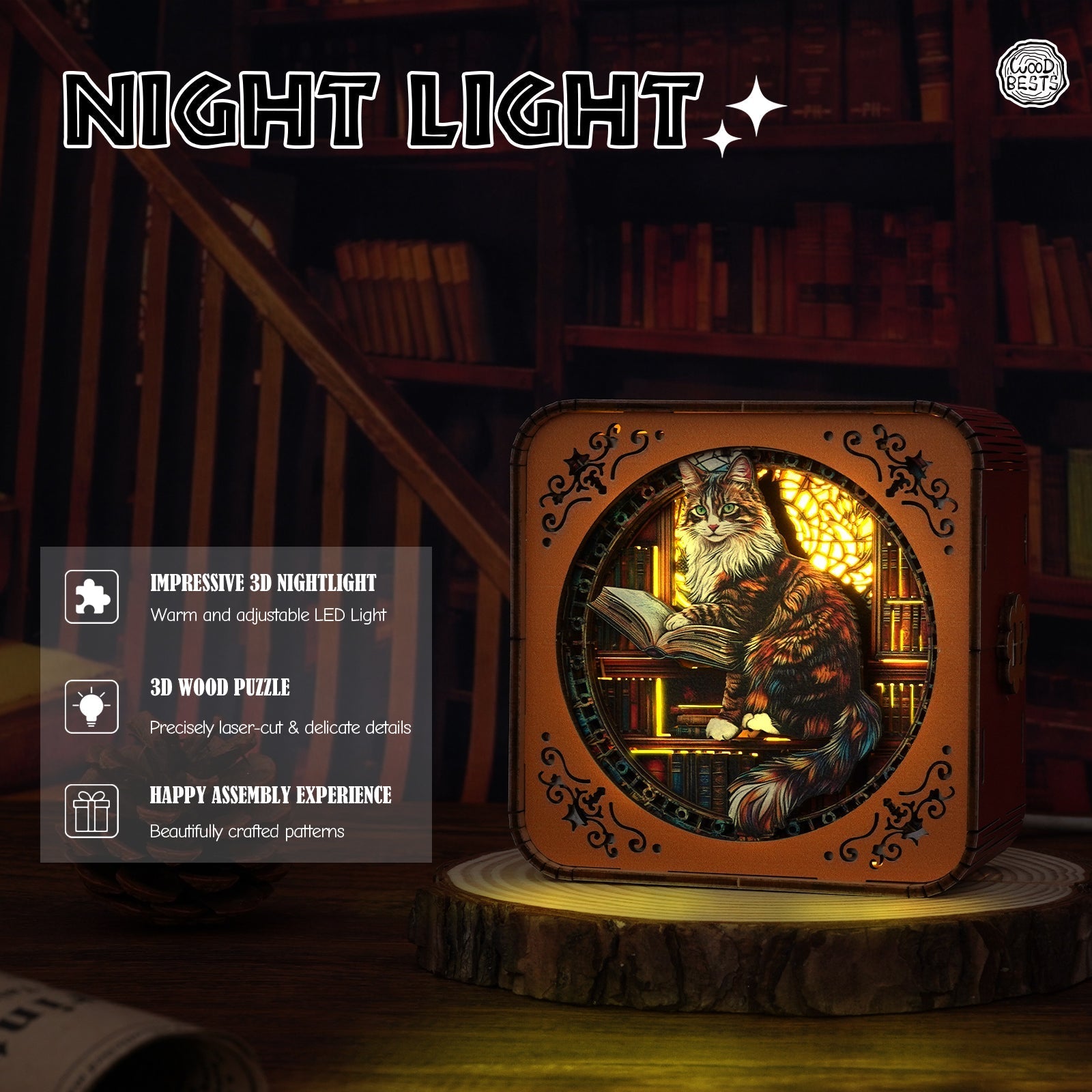 3D wooden puzzle night light featuring a Maine Coon cat in a library, warm LED light, and intricate details.