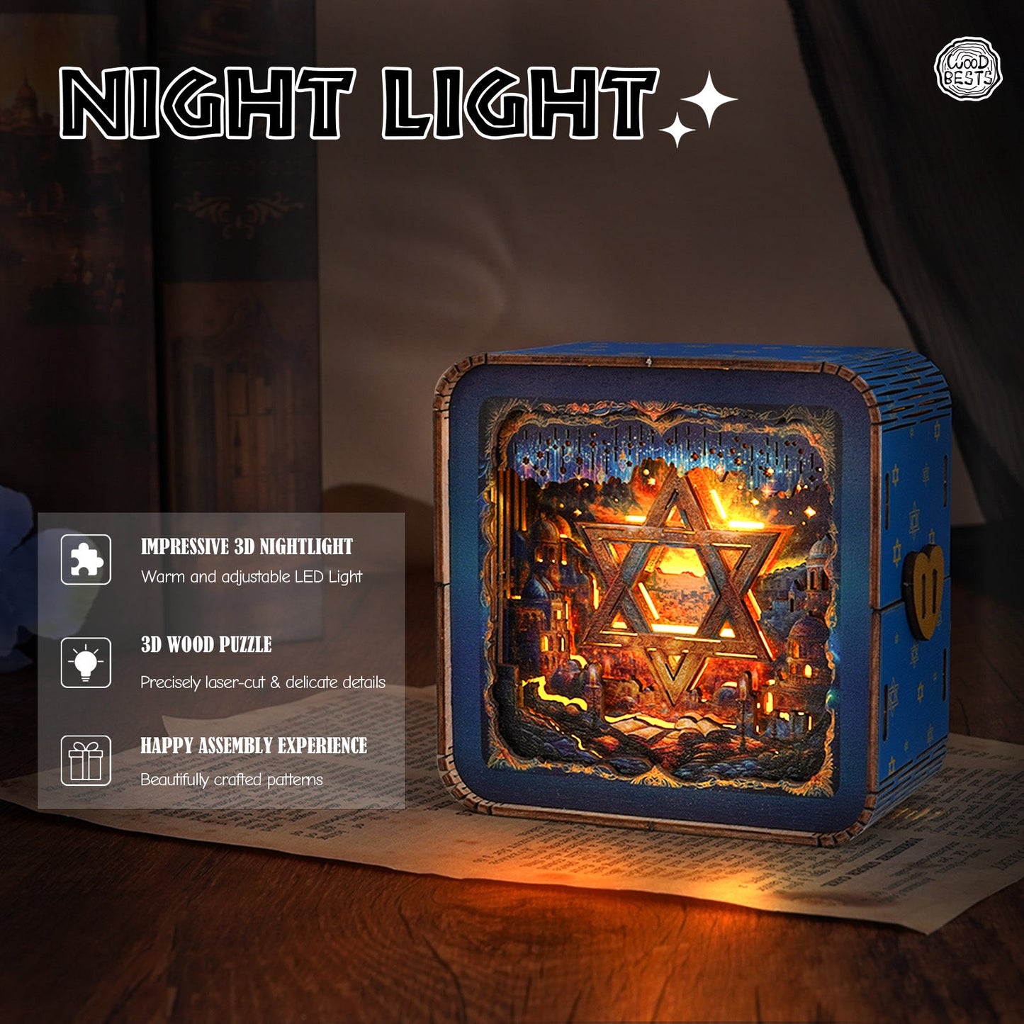 Star of David 3D wooden puzzle night light with adjustable LED light and intricate details