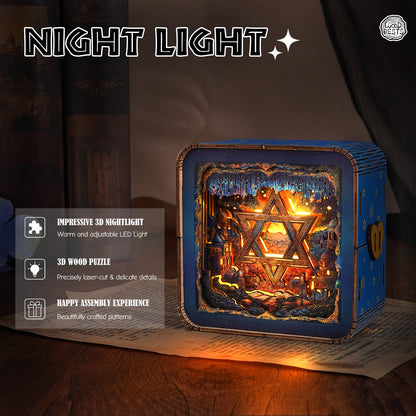 Star of David 3D wooden puzzle night light with adjustable LED light and intricate details