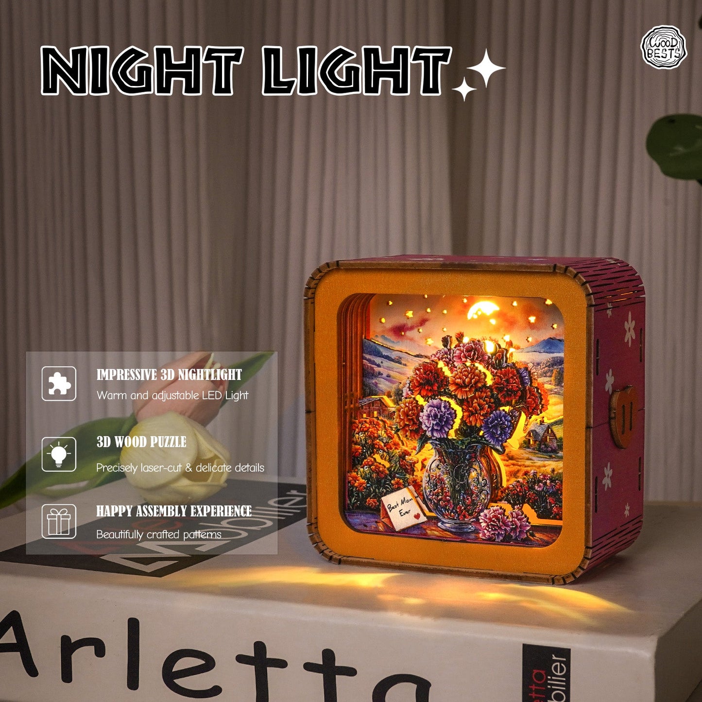 3D wooden puzzle night light with warm LED, featuring a floral design and showcasing intricate craftsmanship.