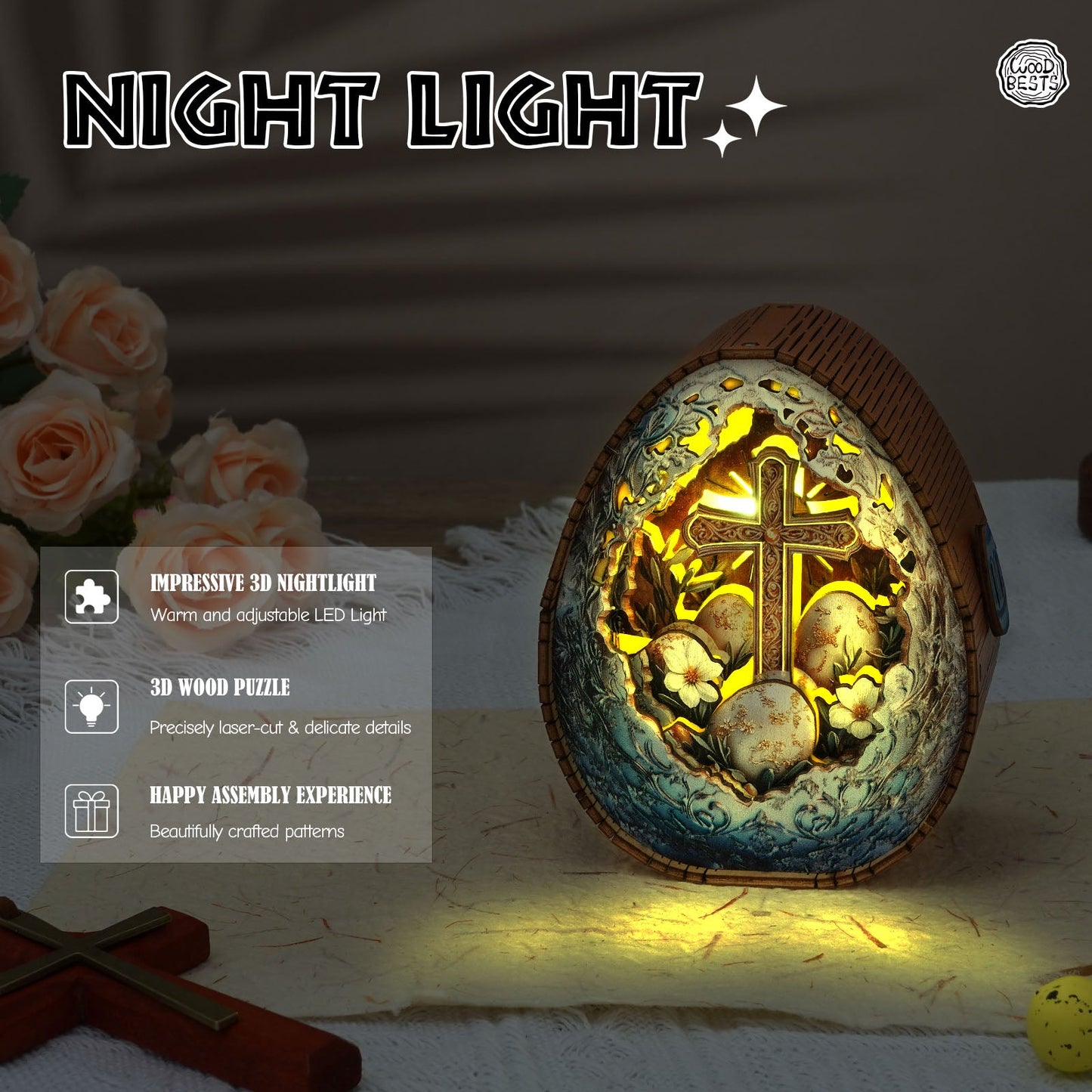 3D wooden egg night light with cross design, showcasing warm LED glow and intricate puzzle features.