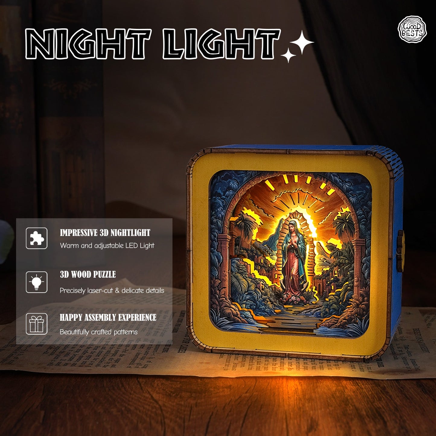 3D wooden puzzle night light featuring the Virgin Mary with adjustable LED light in a beautifully crafted design.