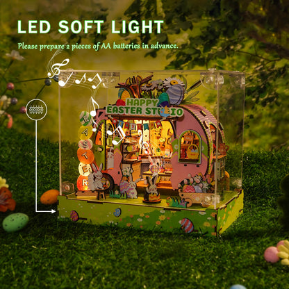 Festive Easter Egg Cart 3D puzzle with LED soft light, showcasing a charming Easter studio for seasonal decor.