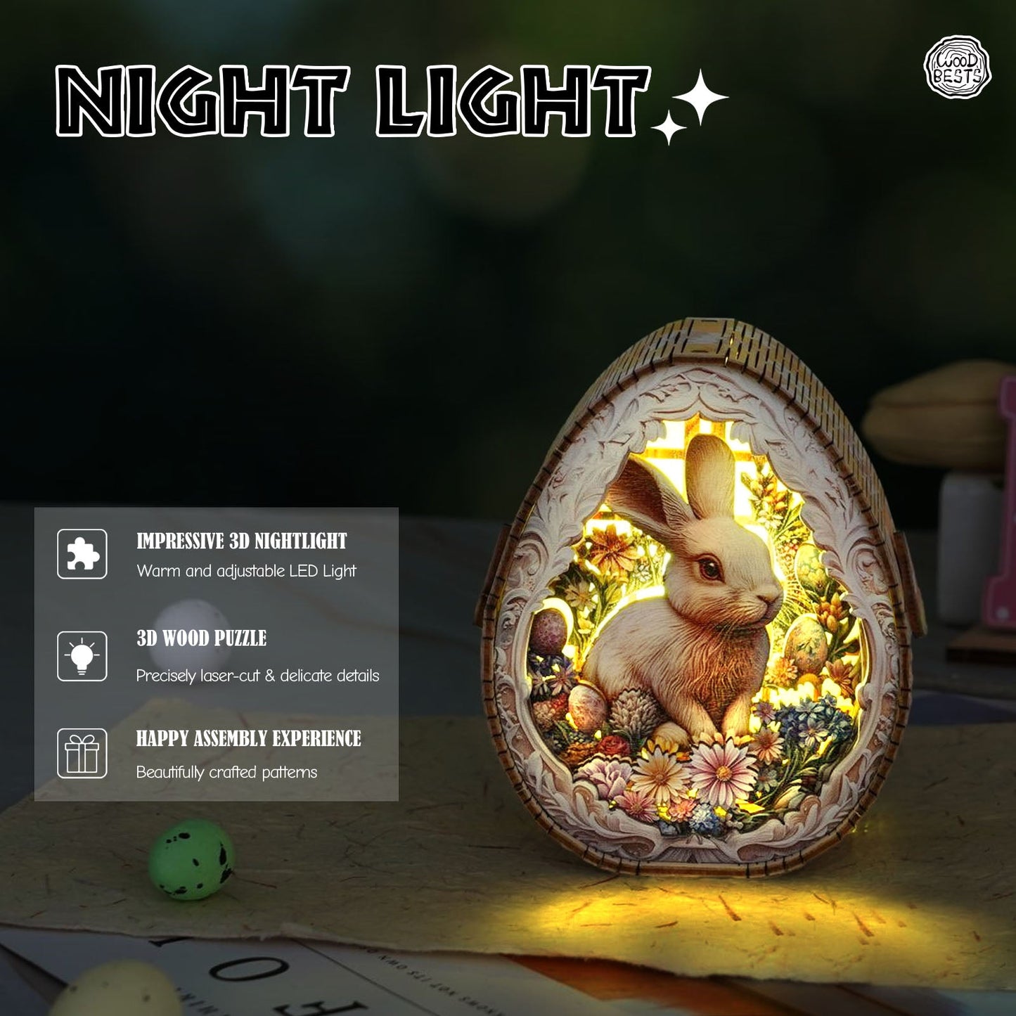 Easter Egg Messenger Kit night light featuring a 3D wooden puzzle design with a charming rabbit and floral details.