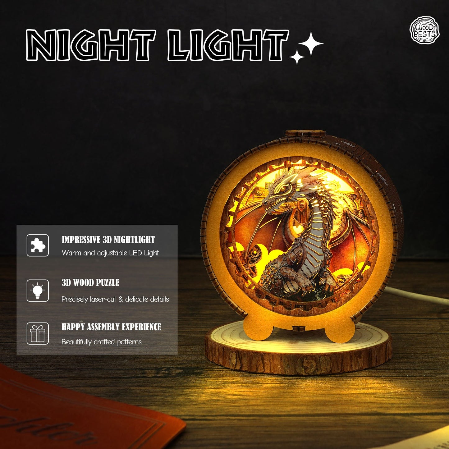Steampunk dragon night light featuring warm LED glow, 3D wooden puzzle design, and intricate patterns for a stunning decor piece.