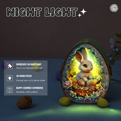 3D wooden bunny night light featuring vibrant colors and intricate details, ideal for Easter decor and cozy ambiance.