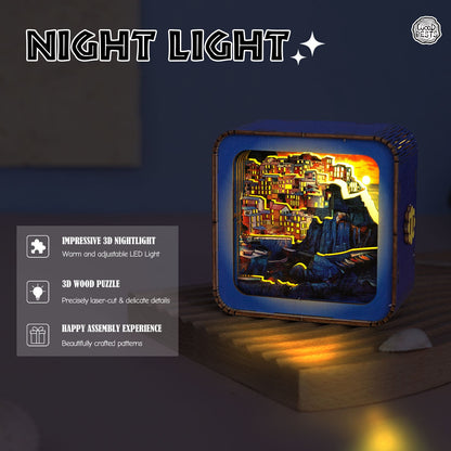 Golden Coast Village Kit 3D Wooden Puzzle Night Light with adjustable LED light and intricate details.