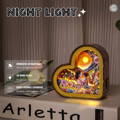Heart-shaped 3D wooden puzzle night light featuring a warm LED glow and intricate floral design.