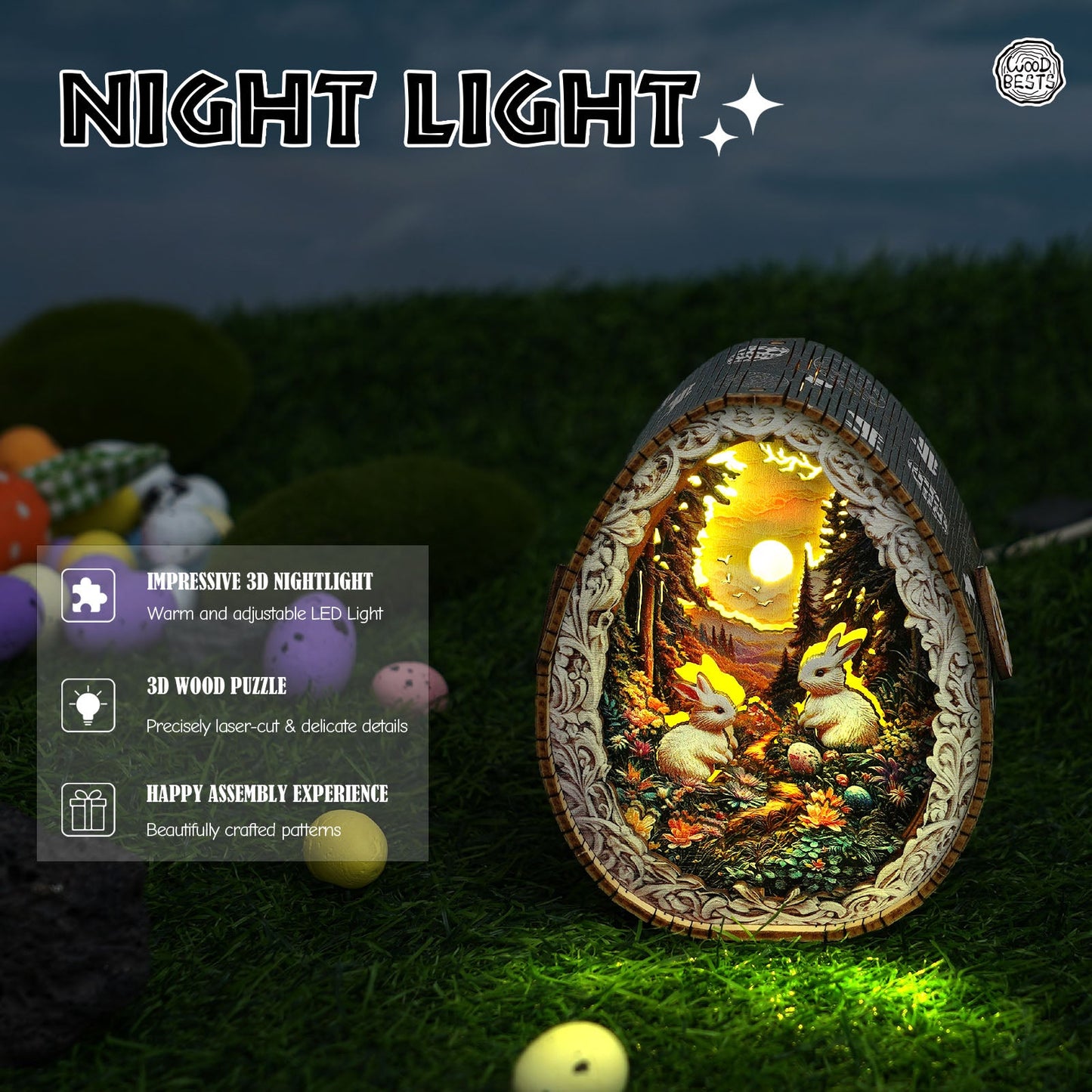 3D wooden puzzle night light featuring rabbits in a forest setting, with warm LED illumination and intricate laser-cut details.