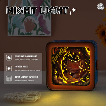3D wooden puzzle night light featuring warm LED glow and intricate designs, personalized with the name 'Amelie'.