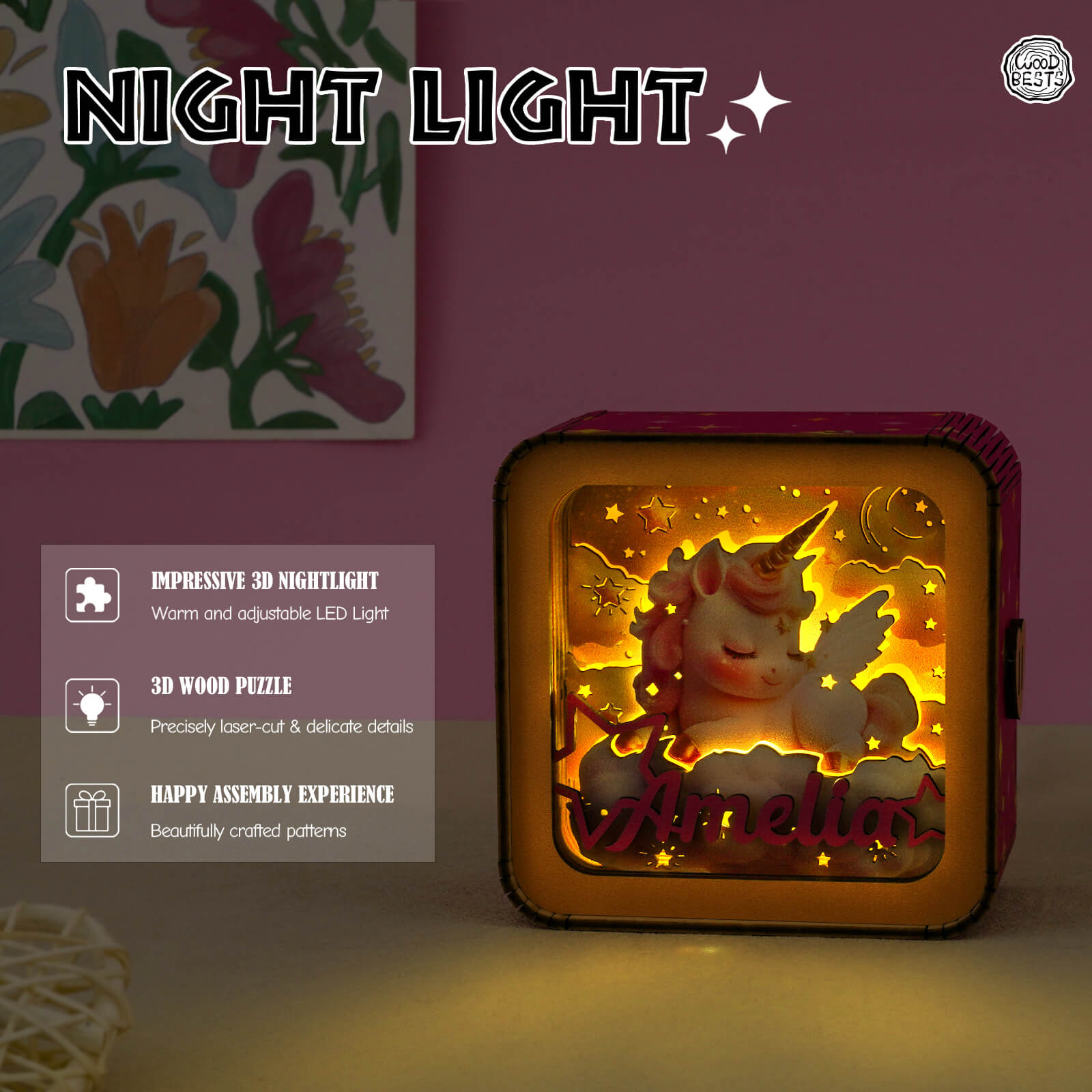 Personalized 3D wooden puzzle night light with adjustable LED, featuring a unicorn design and warm glow.