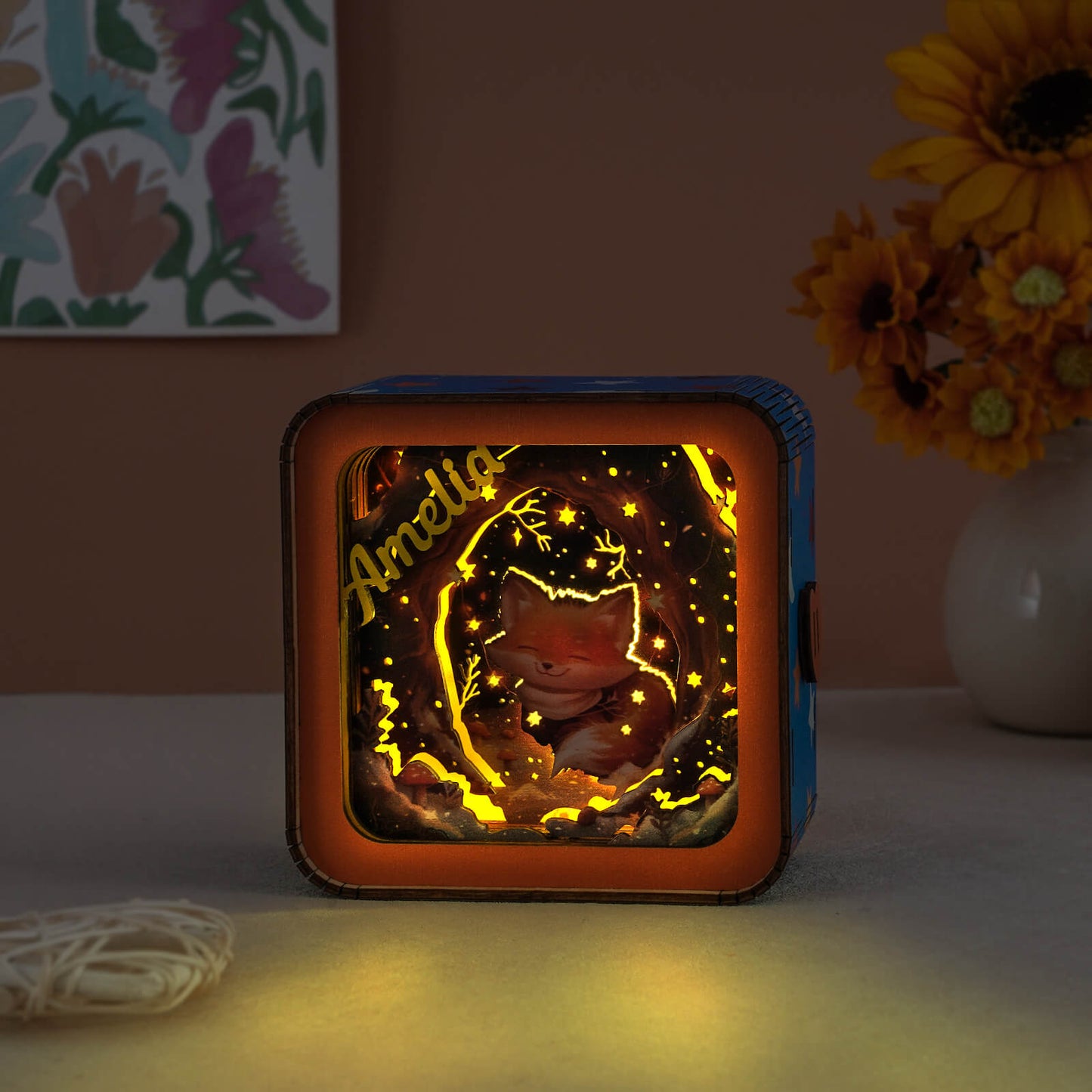Personalized 3D wooden night light featuring a charming fox design, perfect for cozy home decor.