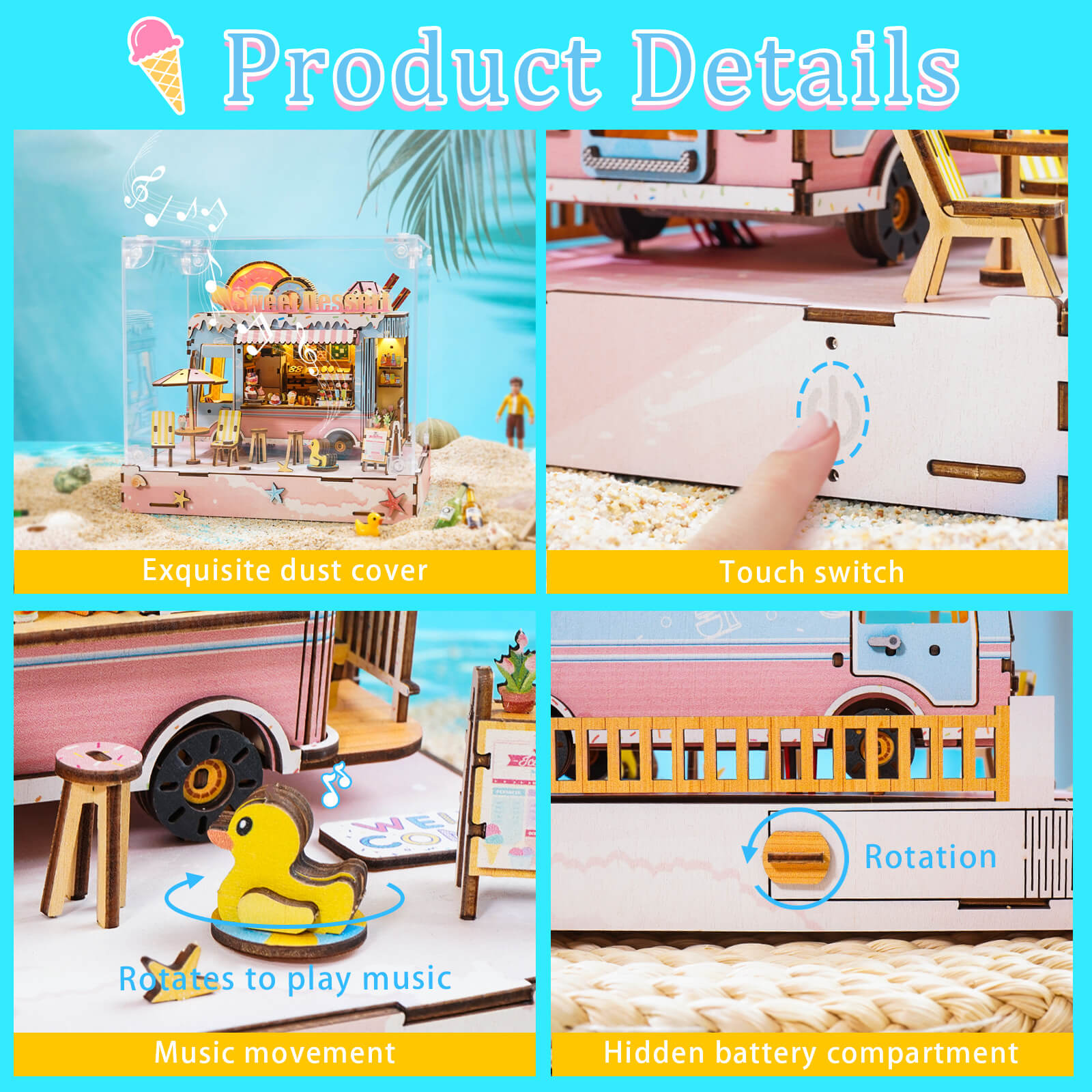 Product details of the DIY Miniature Dessert Cart, showcasing dust cover, touch switch, music movement, and battery compartment.