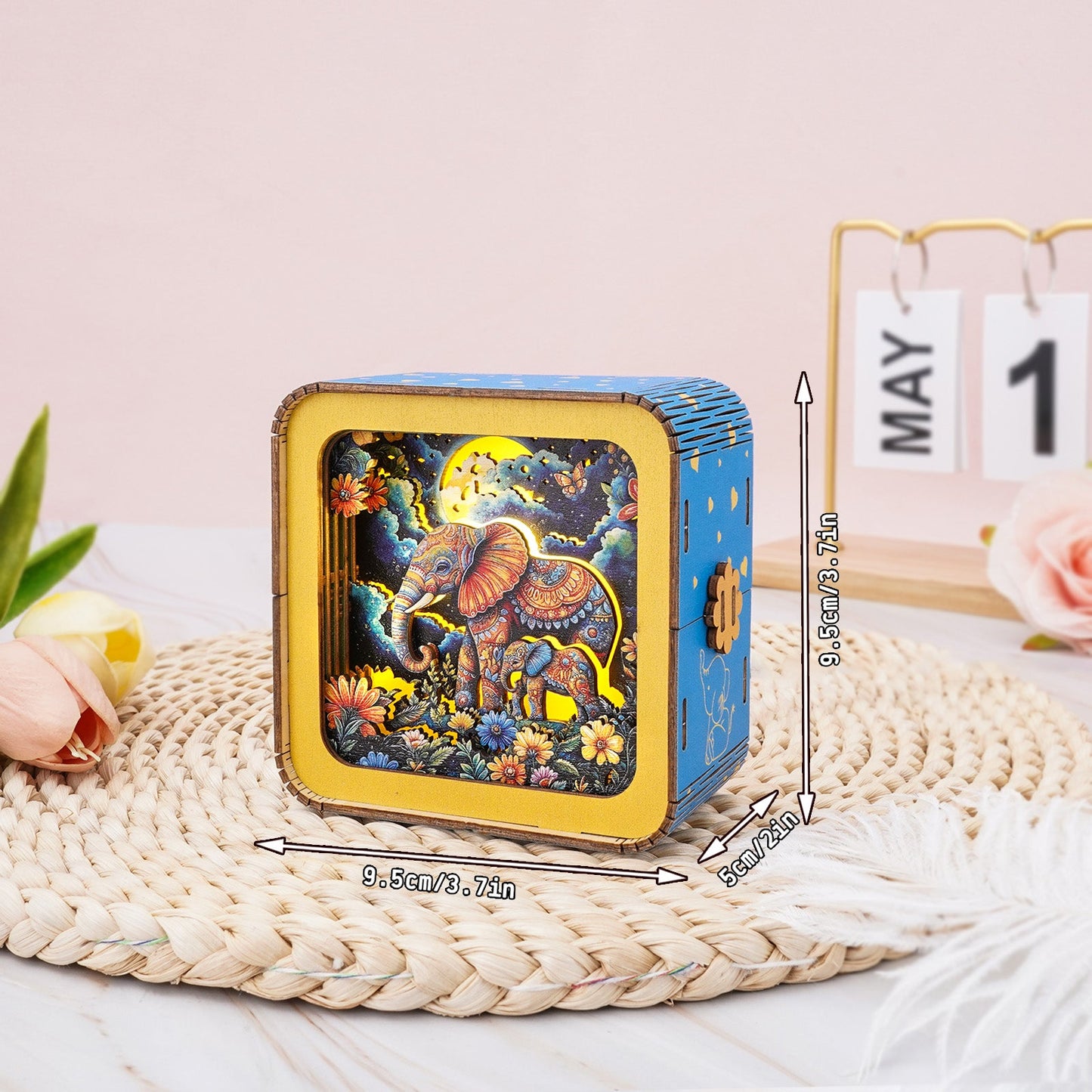 3D wooden elephant puzzle night light kit with colorful moon design, perfect for home decor and Mother's Day gifts.