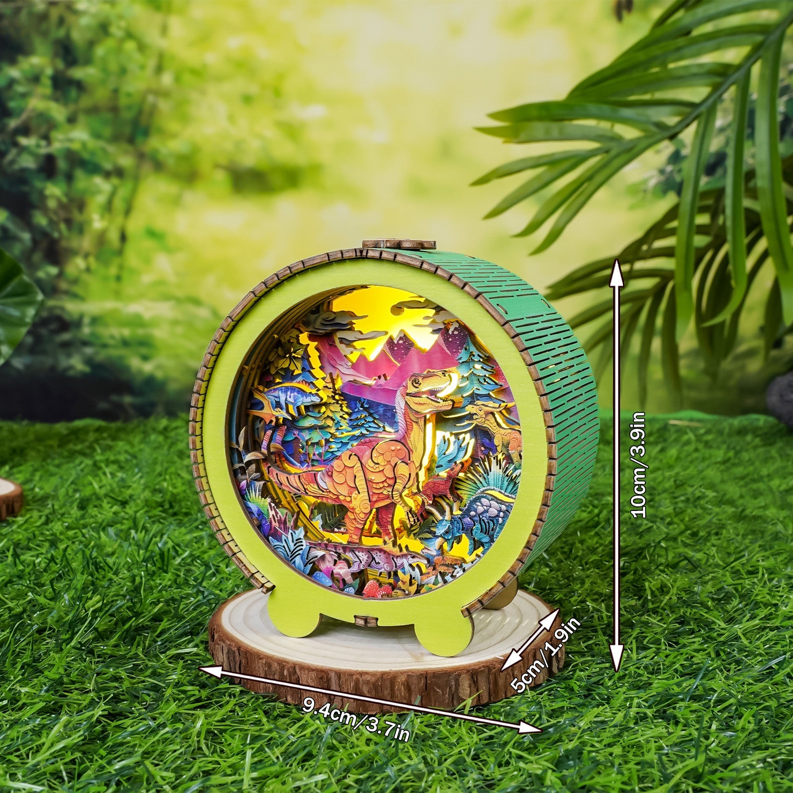3D wooden puzzle night light featuring colorful dinosaur scene, designed for kids' rooms, with measurement details.