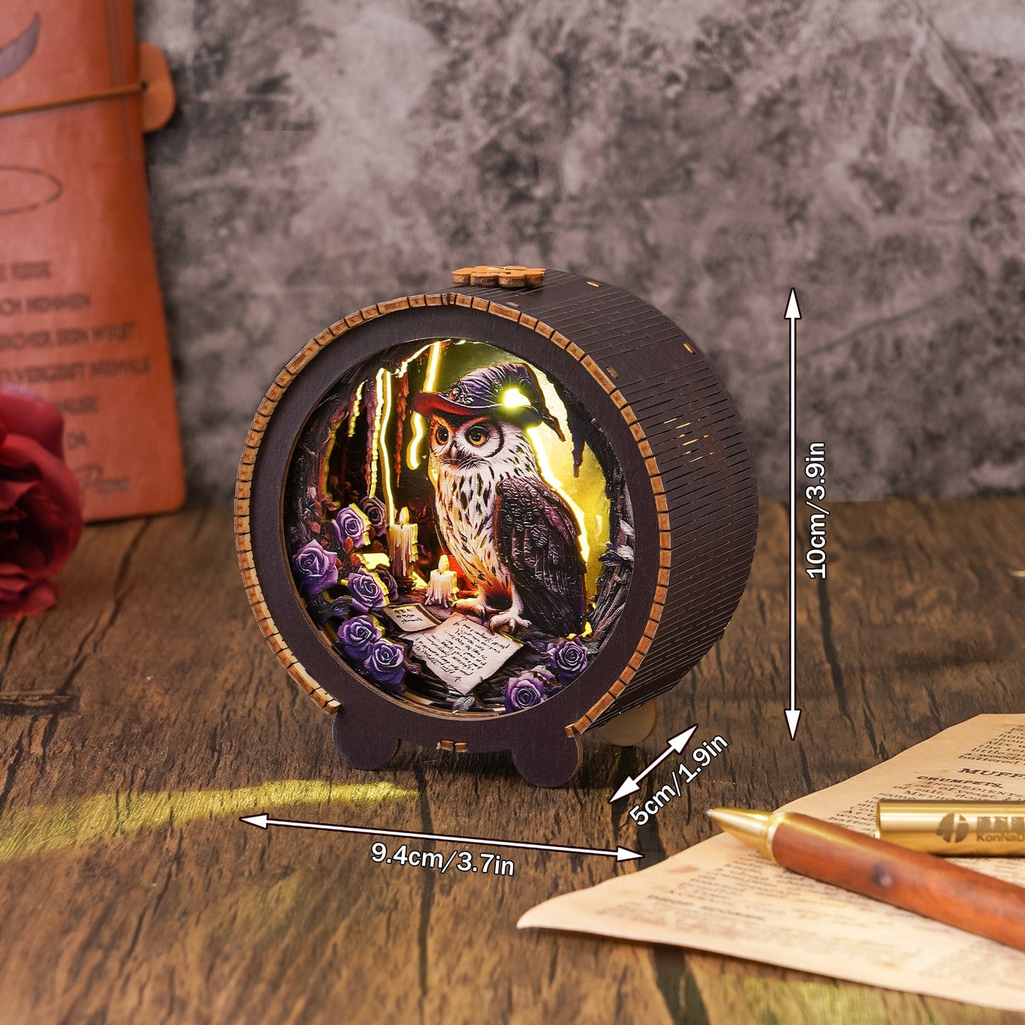Owl wizard night light 3D wooden puzzle featuring owl with candles and roses, decorative home accessory.