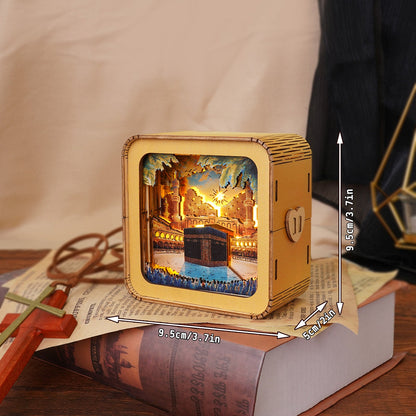 Holy MAKKAH 3D wooden puzzle night light showcasing intricate design and dimensions on a rustic background.