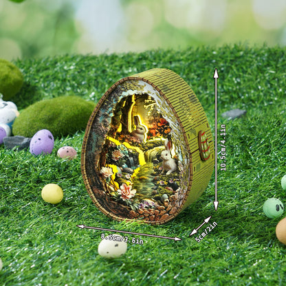 3D wooden puzzle night light of a rabbit by a stream, set on grass with colorful eggs around, showcasing intricate design.