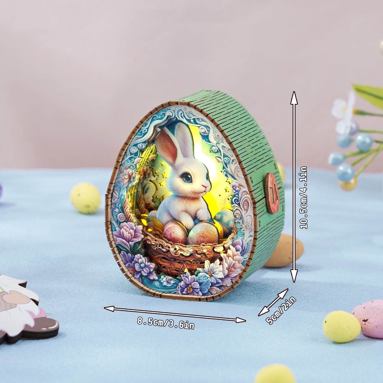 3D wooden puzzle night light featuring a cute bunny surrounded by Easter eggs, designed for festive decor.