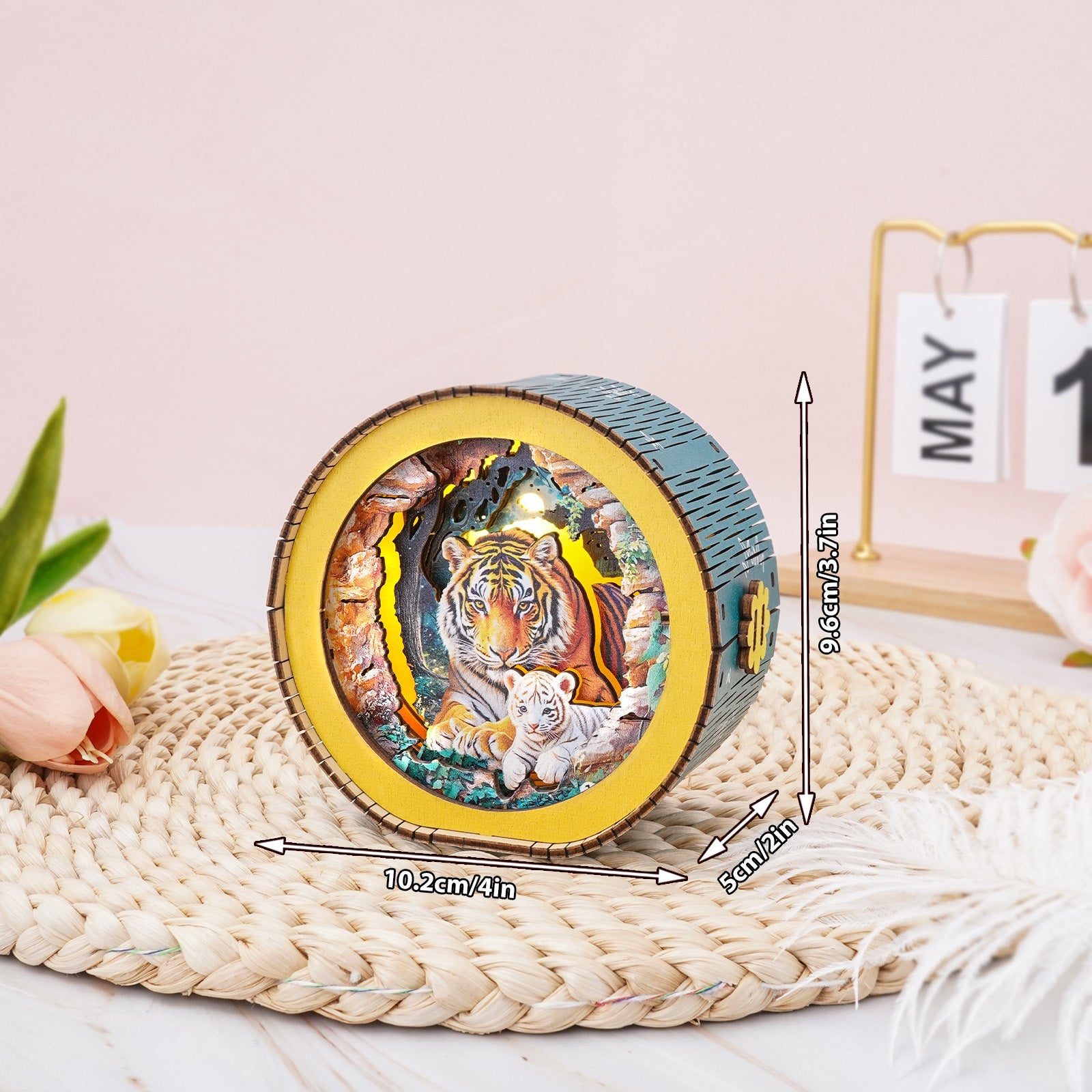 3D wooden puzzle night light featuring a tiger mother and cub in a jungle scene, perfect for gifting and decoration.